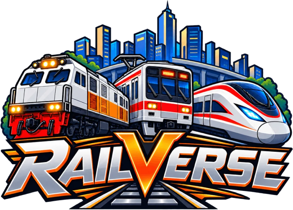 Logo RailVerse: lokomotif, KRL, dan kereta cepat di depan gedung kota